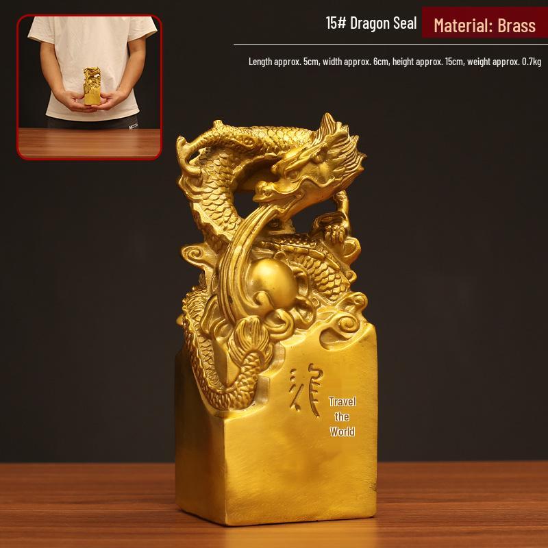 All-Copper Nine Dragons Golden Jade Seal Stamp Ornament for Office and Study Decoration
