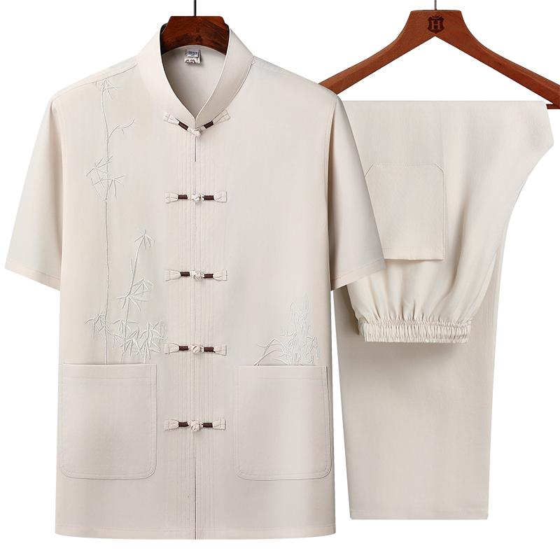 

Men s Sets (Shirt + Trousers) Summer Men Shirt Short Sleeve Shirts Male Two Piece XXXL бежевий