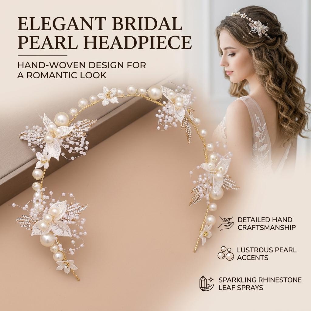 Bridal Rhinestone Leaf Headband Pearl Hairpiece Wedding Accessory