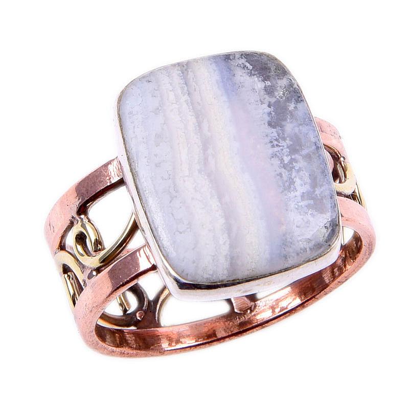 Natural Blue Lace Agate Gemstone 925 Solid Silver TwoTone Gift Ring 10US Y1B87