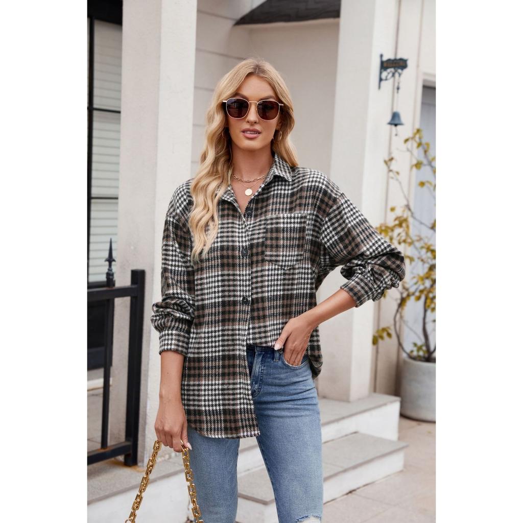 Women's Clothing, Thousand Bird Plaid, Buttons, Flannel, Woolen Shirt