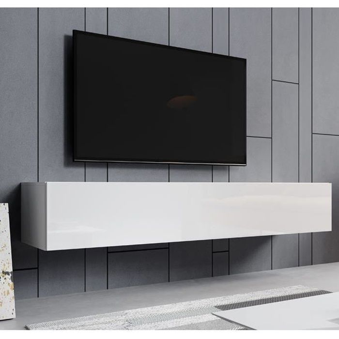 Suspended Living Room TV Unit - 1 Door with 3 Compartments - White Color - L 180 X D 30 X H 40 Cm - Aitana M2 Model