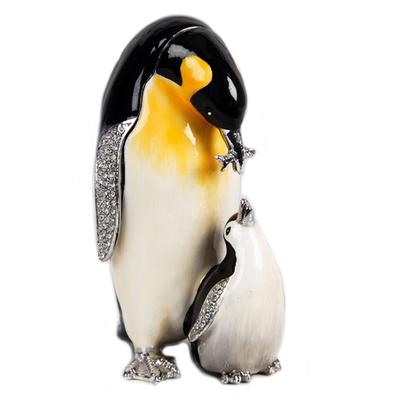 [Q3449] - Jewelry Box 'Penguin Family' Orange Black White - 9x4 Cm