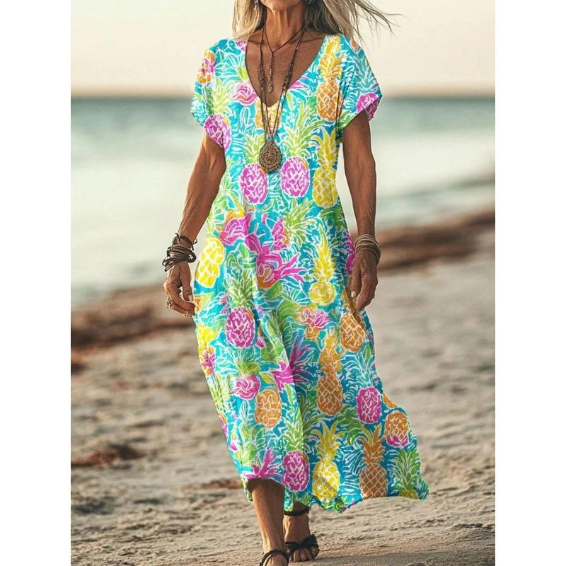 YYFS Women's Fashion Summer Spring Flower Pattern Print Short Sleeve V-Neck Loose Waistline Casual Dresses