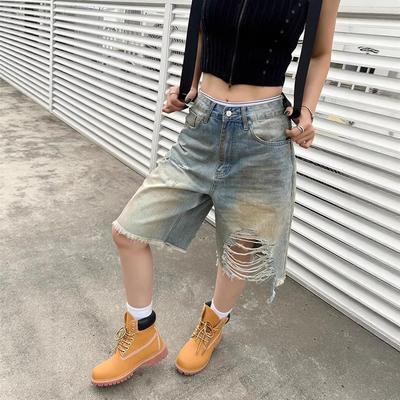 Shorts Vaqueros Retro de Tiro Alto Rasgados para Mujer - Sueltos, Pierna Ancha, Adelgazantes, de Longitud Media