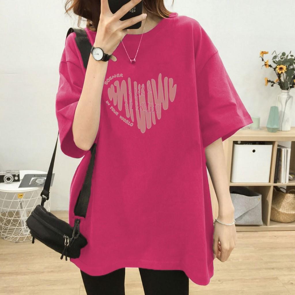 Plus Size Cotton T-Shirt - Women's Summer Short Sleeve Pink Heart Mid-Length Loose European Style
