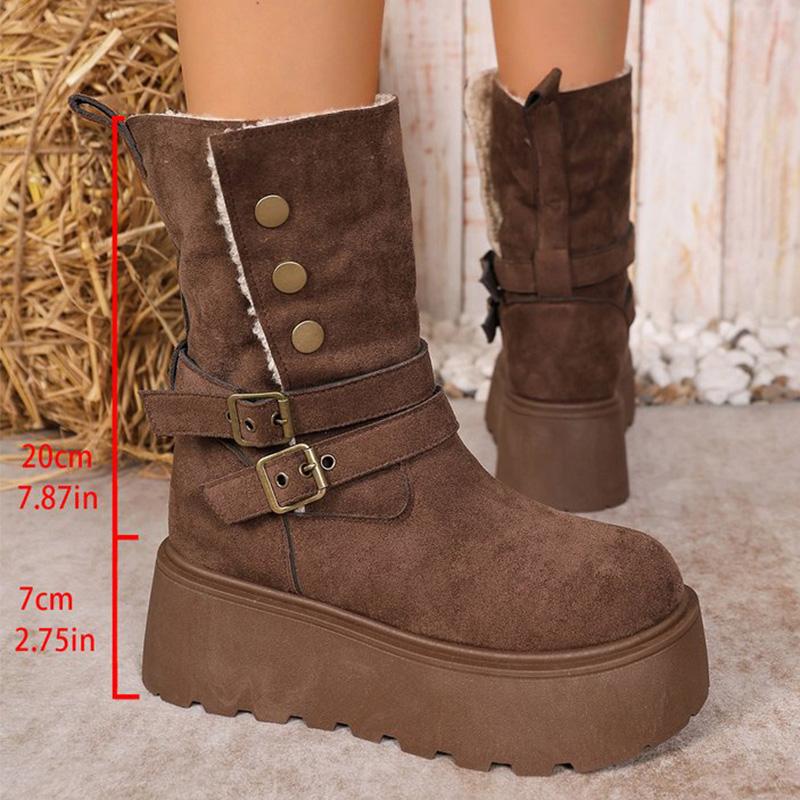 Fashion Brown Chunky Platform Women's Snow Boots Winter Retro Button Buckle Detor Snow Boots Woman Faux Suede Keep Warm Botas Mujer