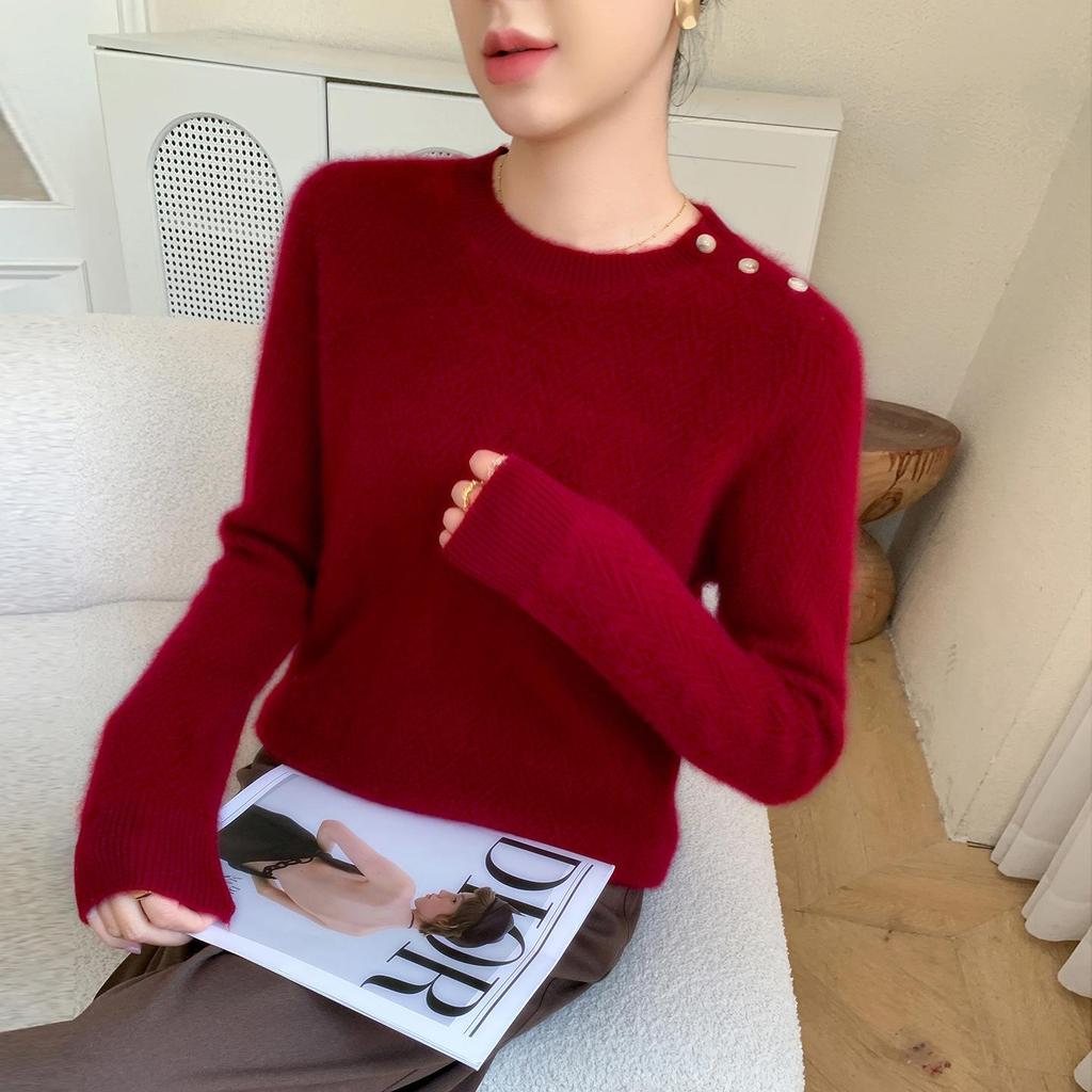 Elegant Style Cashmere Women's Round Neck Pullover Sweater with Diagonal Buttons - Warm, Skin-Friendly, Long Sleeve Autumn/Winter Top