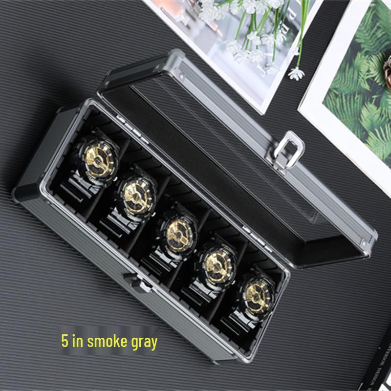 Smoky Grey Aluminum Alloy Multifunction Watch and Jewelry Display Box with Transparent Lid