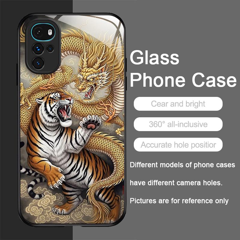 Shiny Golden Dragon and Tiger Pattern Tempered Glass Phone Case for Motorola Moto G85 G84 G75 Edge 50 Fusion 40 Neo 30 Pro Cover