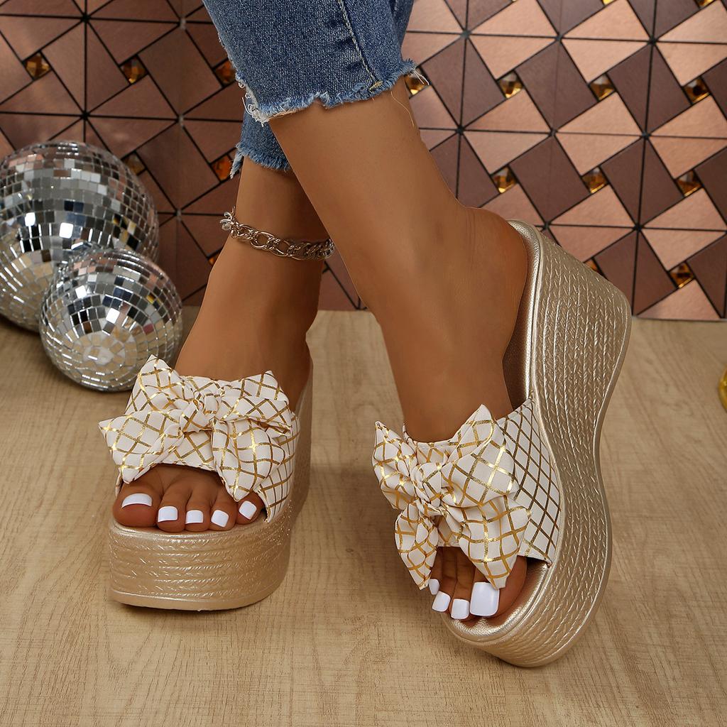 Fashion Summer Women's Wedge Slippers Leopard Print Bow Tie Waterproof Platform  Slippers Outdoor Leisure Large Size Zapatillas De Mujer