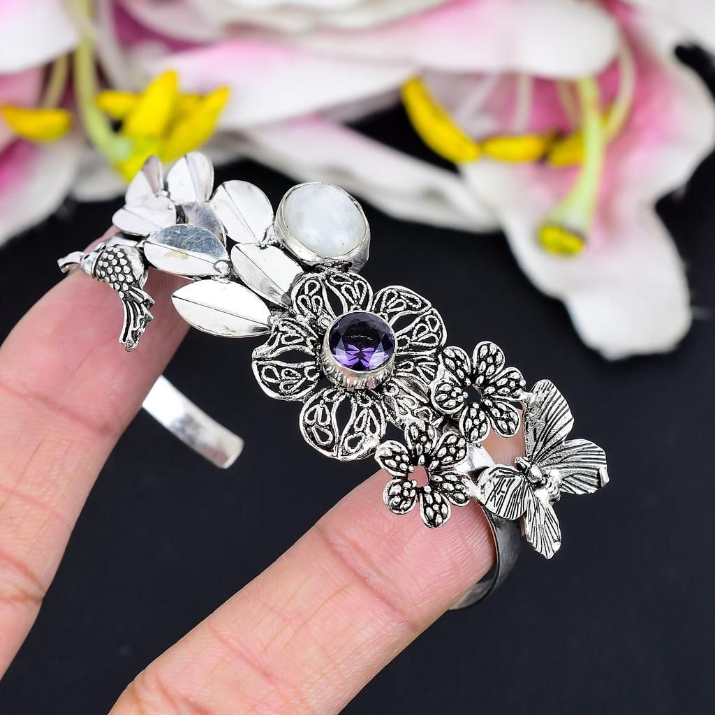 Moonstone, Amethyst Gemstone 925 Sterling Silver Cuff Bangle Adjustable KG-1879