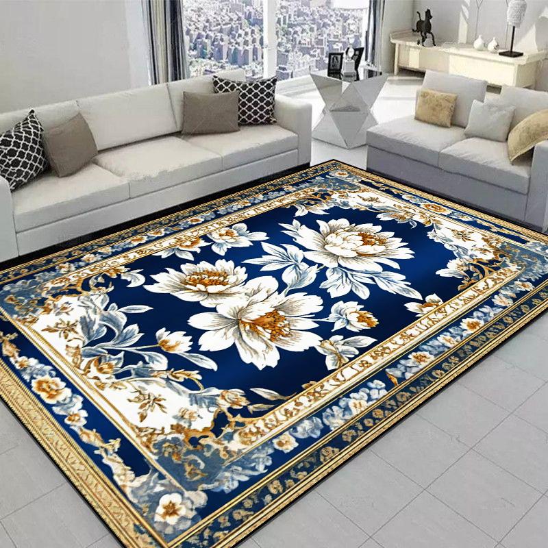 Carpet for Living Room European Classical Blue Flower Carpet Non-slip Bedroom Large Area Floor Mat Washable Cloakroom Lounge Rug