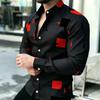 Men's short sleeved shirt, European and American men's geometric square long sleeved shirt, lapel contrasting color block printe