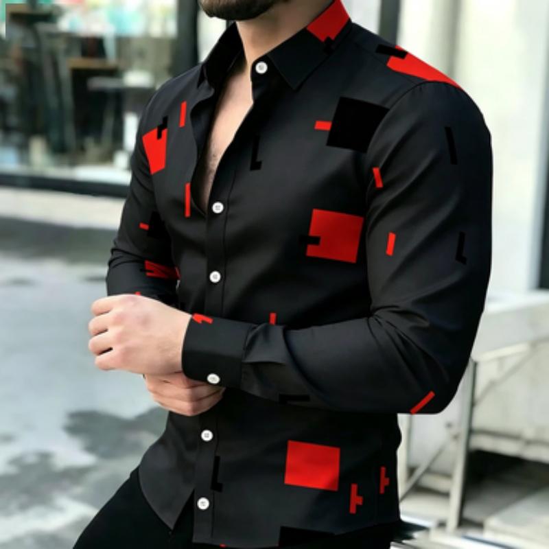Men's short sleeved shirt, European and American men's geometric square long sleeved shirt, lapel contrasting color block printe