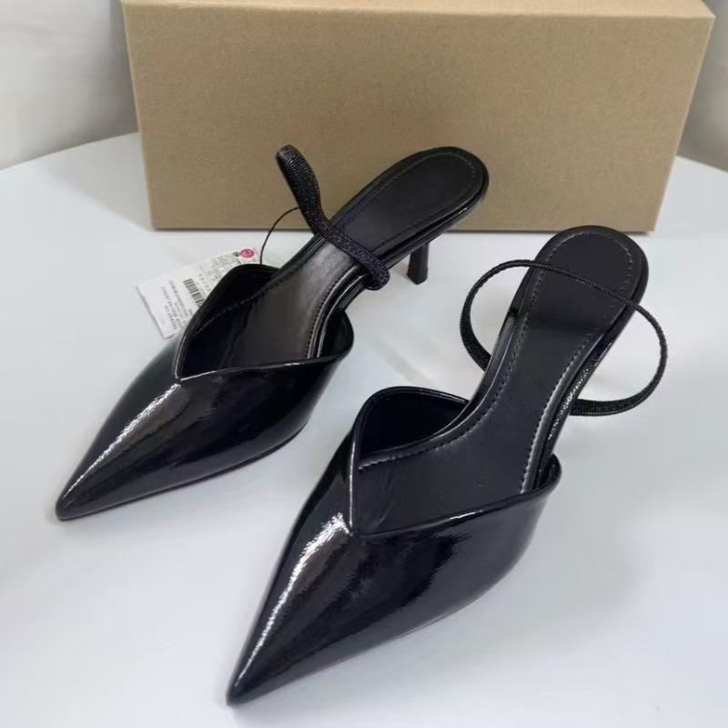 

Elegant Patent Leather High Heels Mules Shoes for Ladies Pointed Toe Evening Party Slingbacks Summer Office Women Sandals 42 чорний