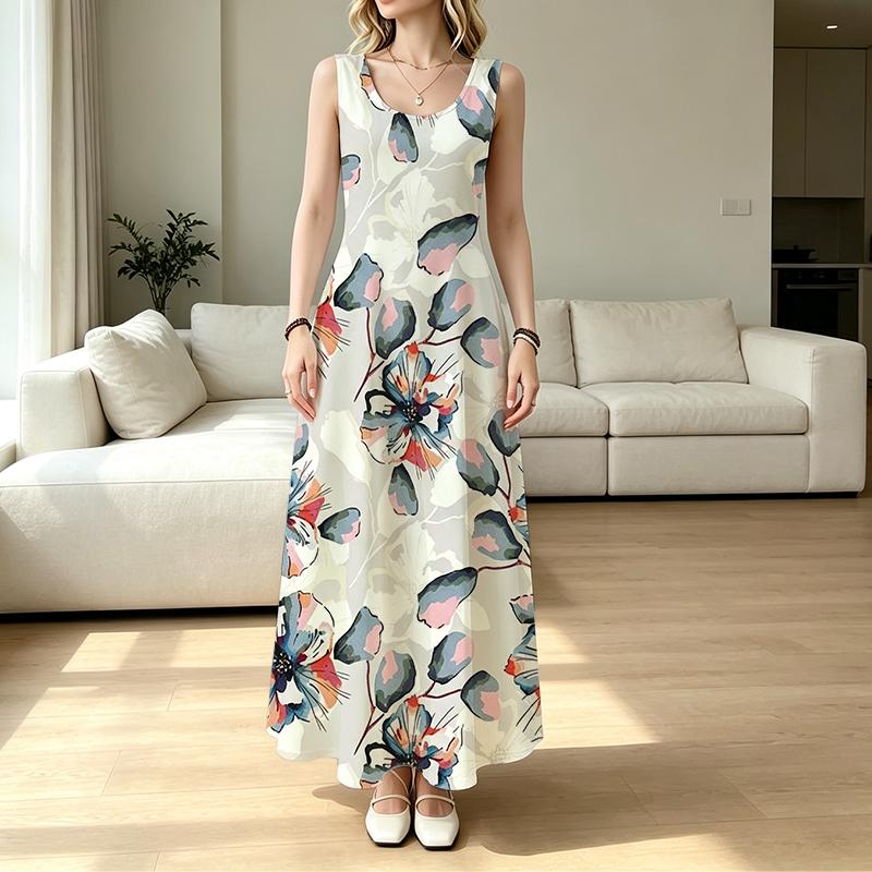 Sleeveless Long Dress Bohemian Floral Print,Lightweight Loose Fit,Summer Elegant Vacation Dress for Spring Fall Layering