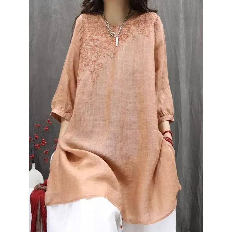 Frühling Sommer Retro Besticktes Hemd Locker Literarisch Freizeit Mittellang Damen XS beige