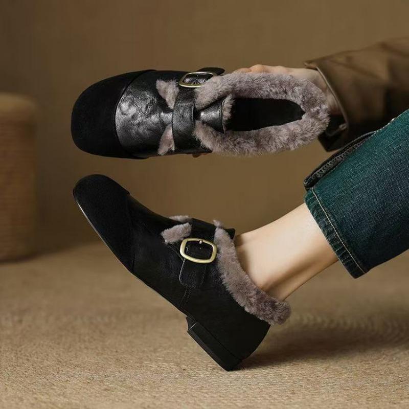 Women's Fashion Flat Cotton Boots Winter New Round Head Splicing Metal Buckle Soft Sole Non-slip Low-top Shoes