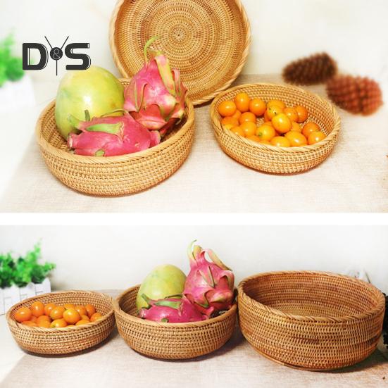 Oppbevaringskurv i rotting Rund serveringskurver til stue Håndvevd fruktskål Brødkurv til kjøkkenbenk