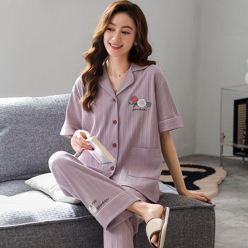 Pajamas Women's Summer Cotton Short Sleeves Trousers Loungewear Thin Middle-aged Mom Loose Plus Size Set