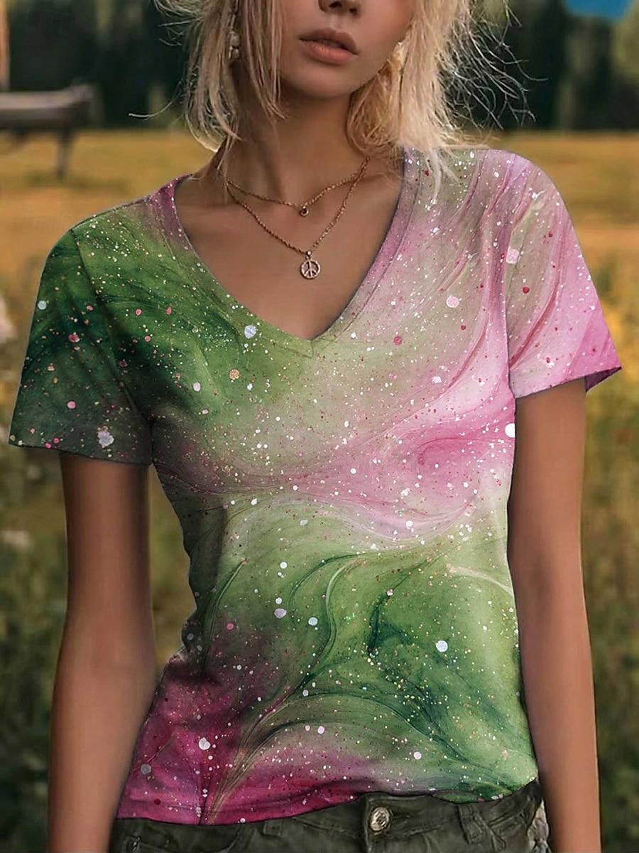 

Women s T Shirt Print Graphic Abstract Vintage Stylish Classic Short Sleeve V Neck Regular Tops Casual Daily Going out Pink Green Summer Spring S