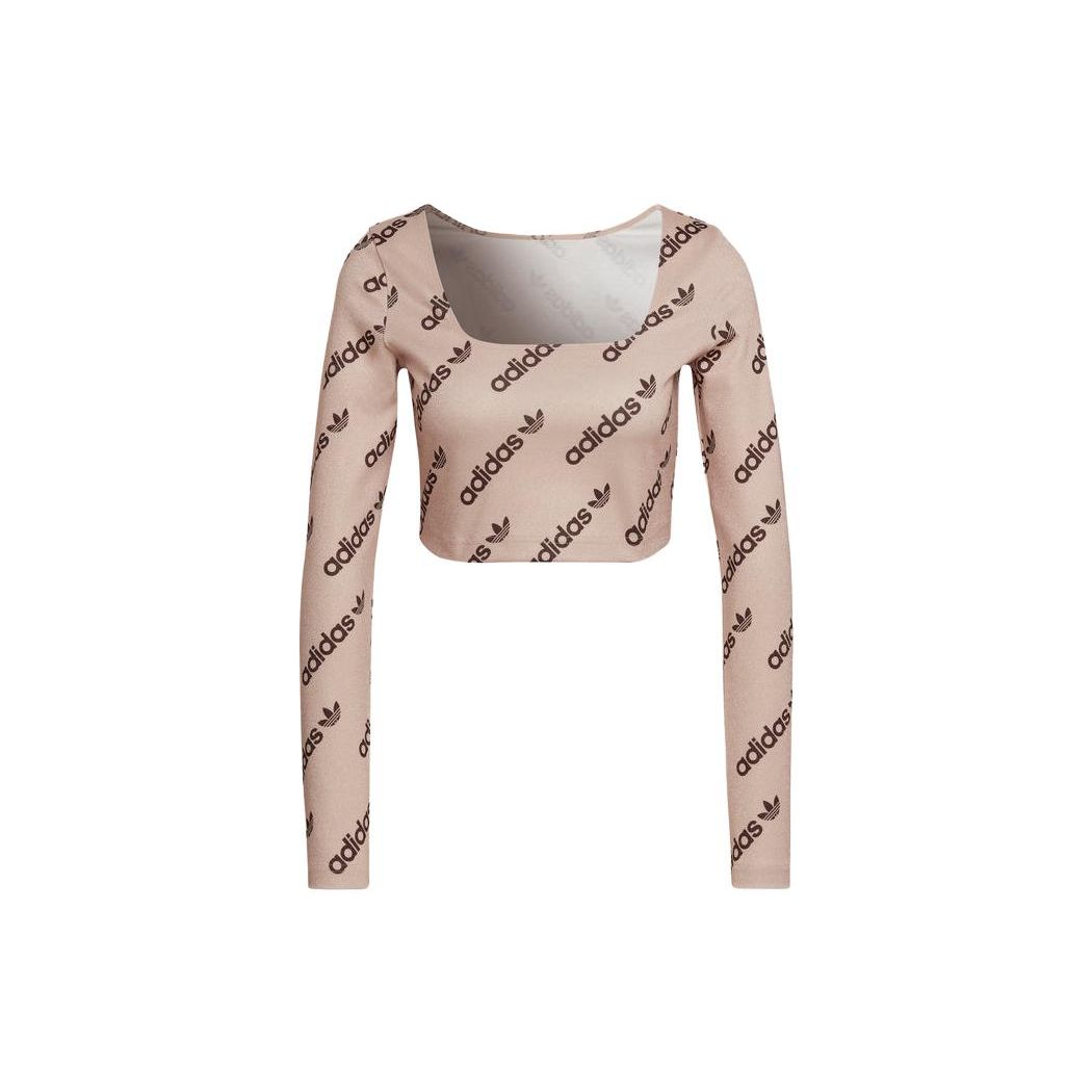 

Adidas Originals Logo Print U-Neck Short Slim Fit Vintage Sports Long Sleeve T-Shirt Women T-Shirts Beige HM4893 38