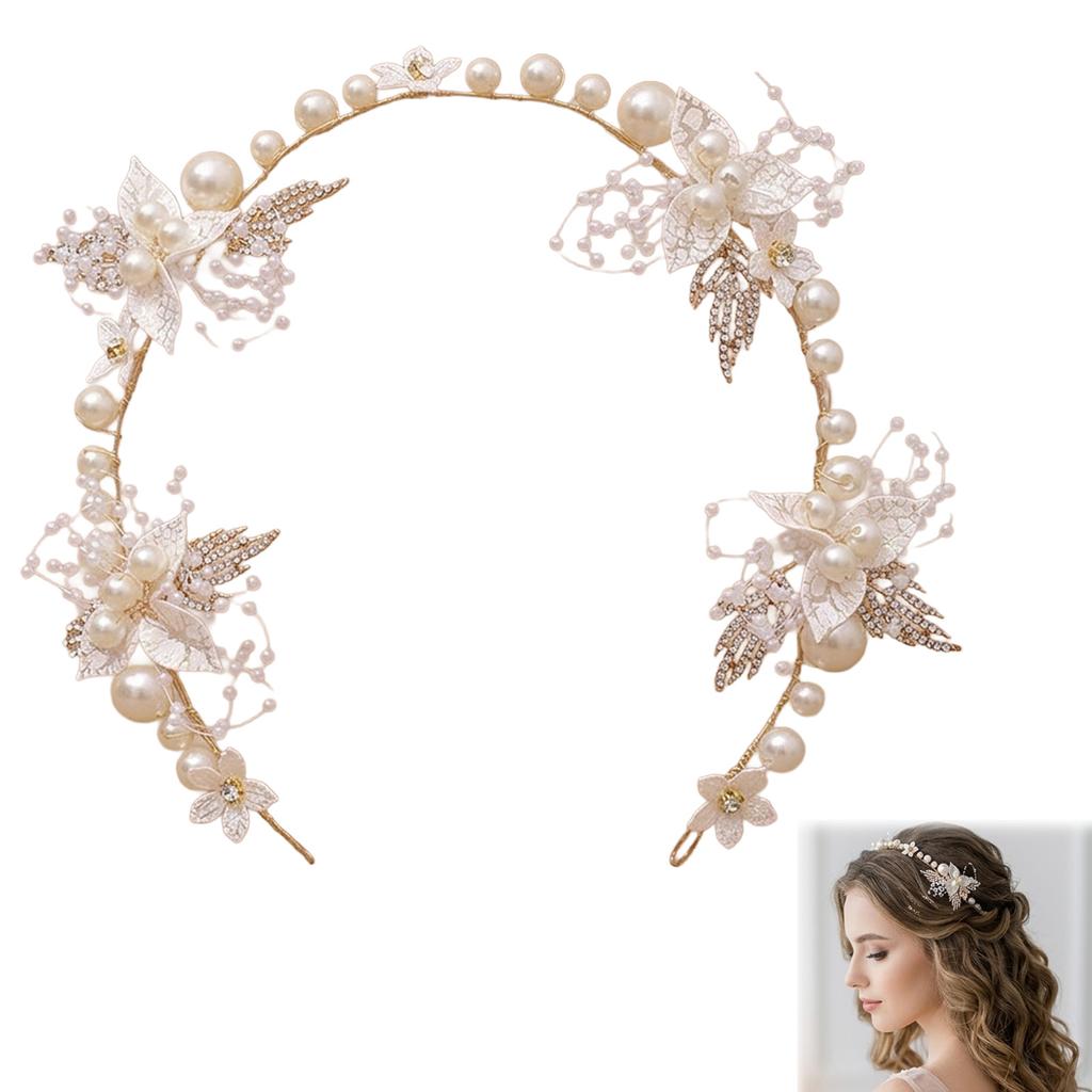 Bridal Rhinestone Leaf Headband Pearl Hairpiece Wedding Accessory