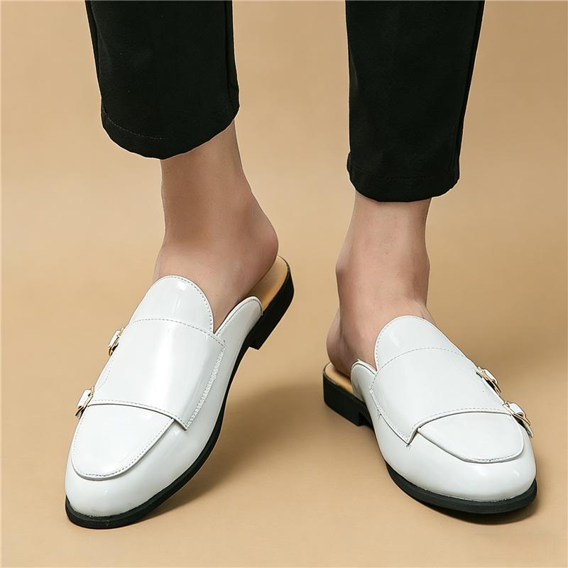 Fashion New Men's White Monk Strap Half Slippers Shoes Male Designer Casual Patent Leather Mules Moccasins Breathable Loafers