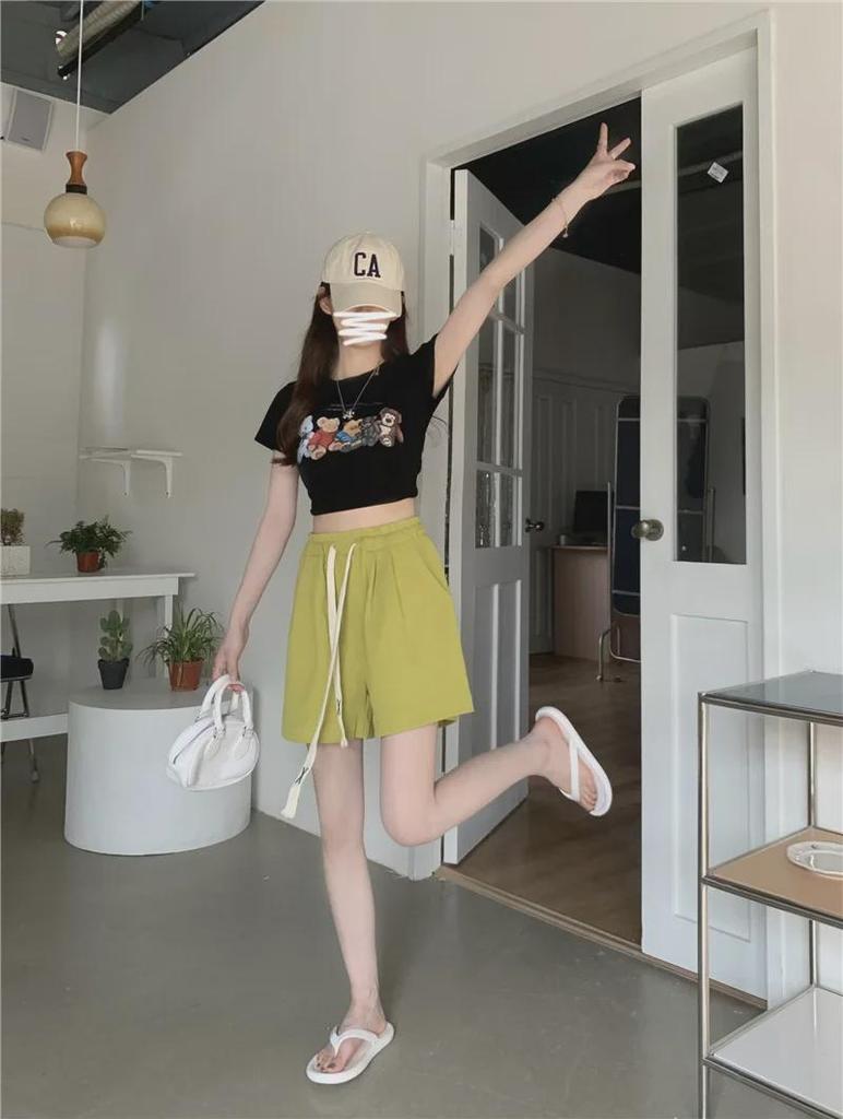 Women's High-Waist Elastic Sports Shorts - Summer 2024 Korean Style Wide-Leg Casual Pants
