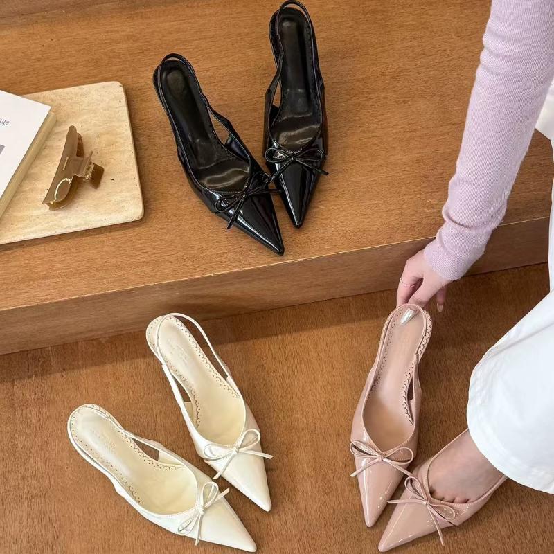 2025 Versatile Womens Sandals with Slim Heel Close Toes Elastic Band Bow Anti Slip Summer Outdoor PU Pink/beige Fashion Sandals