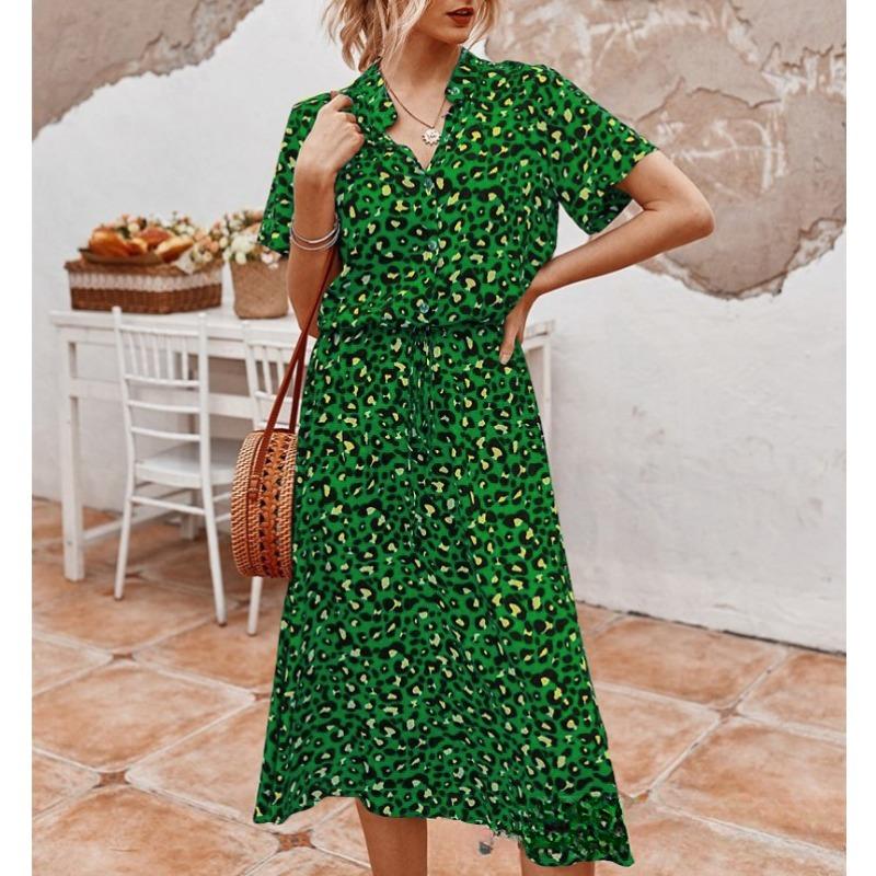 Summer polka dot printed short-sleeved mid-length dress women's fashion all-match elegant temperament