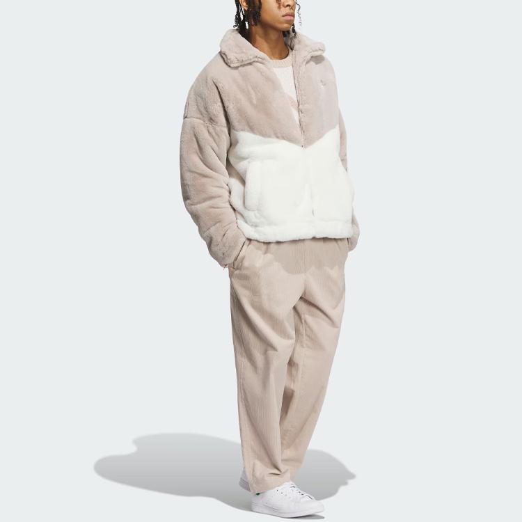 Adidas Originals Trefoil Colorblock Logo Fleece-Lined Thick Jacket Unisex Outerwear Grey Brown IN0982