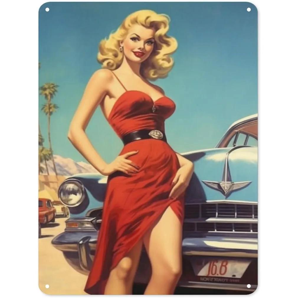

Pinup Car Girls Metal Tin Signs Plaque Wall Decoration Vintage Art Posters Iron Painting for Man Cave Home Cafe Garden Club B 20x30cm