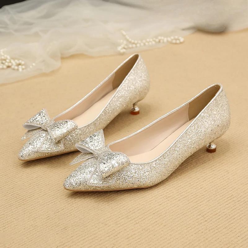 Fashion Women's Slim Heel Shoes Fall New Pointy Shallow Mouth Butterfly Knot Sequin Non-slip Temperament Low Top Shoes