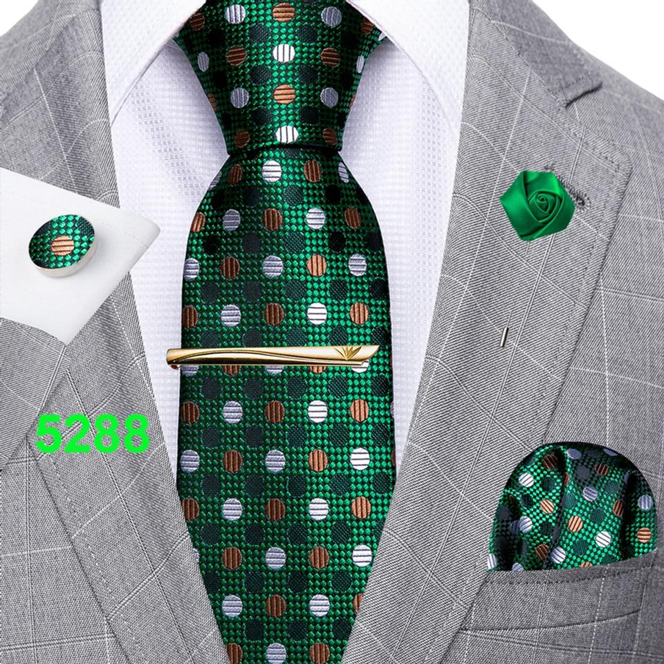 Barry.Wang Men Green Ties Silk Black Necktie Tie Clip Boutonniere Hanky Cufflinks Set for Business Wedding Dating