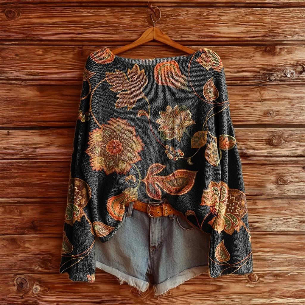 Tricou de damă cu imprimeu floral vintage, gât rotund, larg, mâneci lungi, lungime medie, cu orificii pentru degetul mare