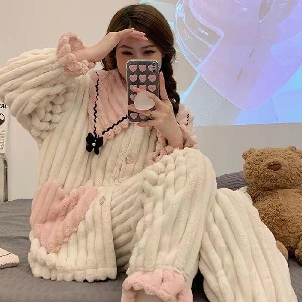 Coral Fleece Pajamas Sets For Women Winter Thick Warm Long-Sleeved Trousers Homewear 2 Pcs/Lot Sleepwear