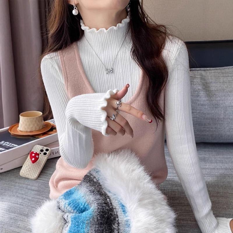 Super good-looking fungus edge bottoming shirt women's autumn and winter with white knitted sweater semi-turtleneck sweater
