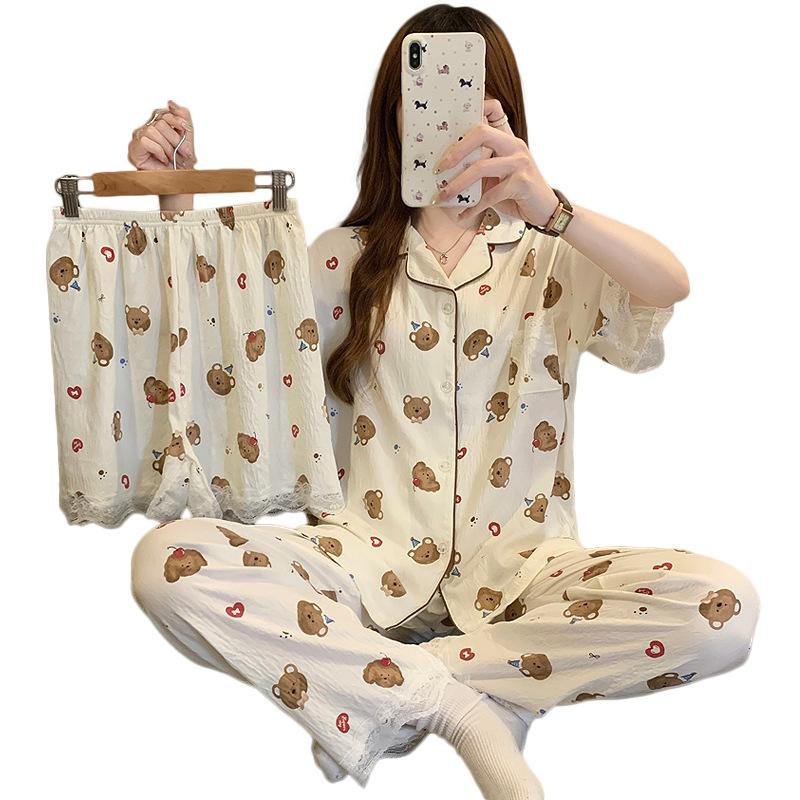 Sweet Cartoon Bear Short-Sleeved Cloud Cotton Pajamas Women'S Summer Gentle Lace Loungewear Three-Piece Set