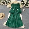 French Gentle Style Design Sense One Word Shoulder Ruffle Edge Splicing Lantern Sleeve Waist Thin Temperament Drape Dress