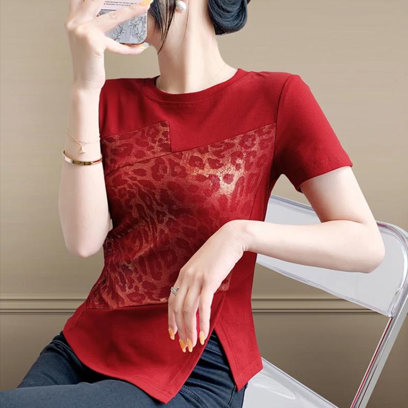 New Women Chic Leopard Print Patchwork Summer T-shirt Elegant O-neck Short Sleeve Irregular Tops Casual Ladies Slim Cotton Tees