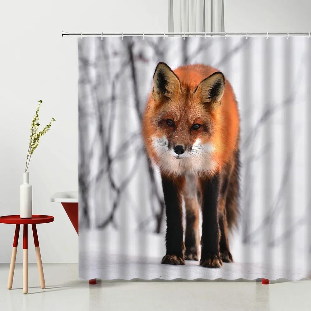 Painting Animal Lover Fox In The Forest Shower Curtain,Rustic Lodge Forest Hunting Bathroom Decor Wild Animals Bathroom Curtains