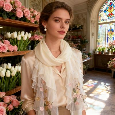 Embroidered Silk Scarf~Haitang Flower Embroidered Nail Beaded Silk Scarf For Women Autumn/Winter Scarf Gift
