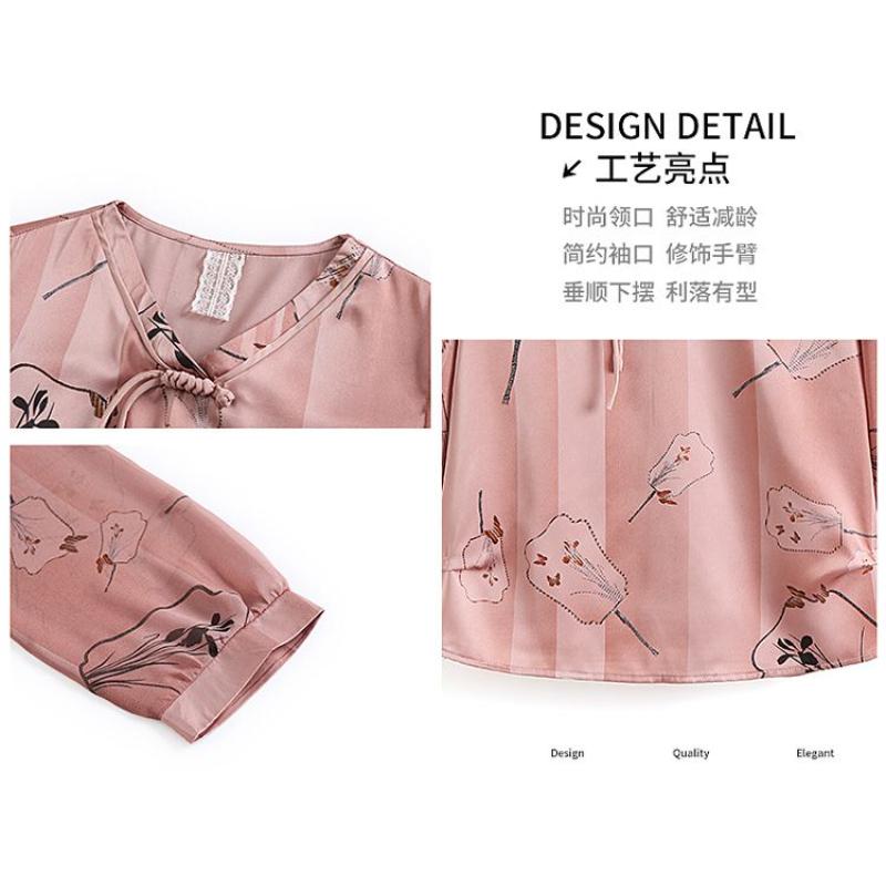 Women's Floral Print Chiffon Blouse V-neck Tie Front 3/4 Sleeve Loose Fit Casual Top for Middle-Aged