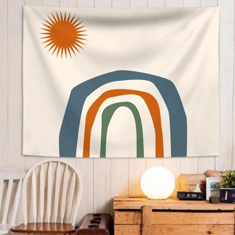 Boho Abstract Rainbow Tapestry Mid Century Sun Wall Hanging Geometric Polyester Wall Art for Living Room Bedroom Dorm Decor