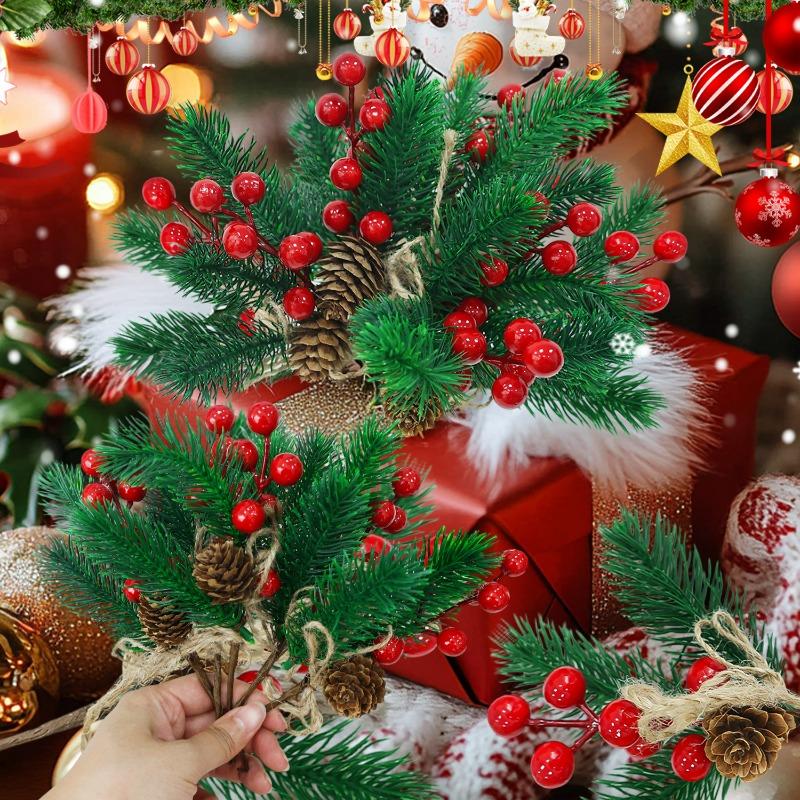 20/1Pcs Simulated Pine Needle Cuttings with Red Berries Red Berry Pine Cone Holly Branches Xmas Tree Ornament DIY Wreath Gift