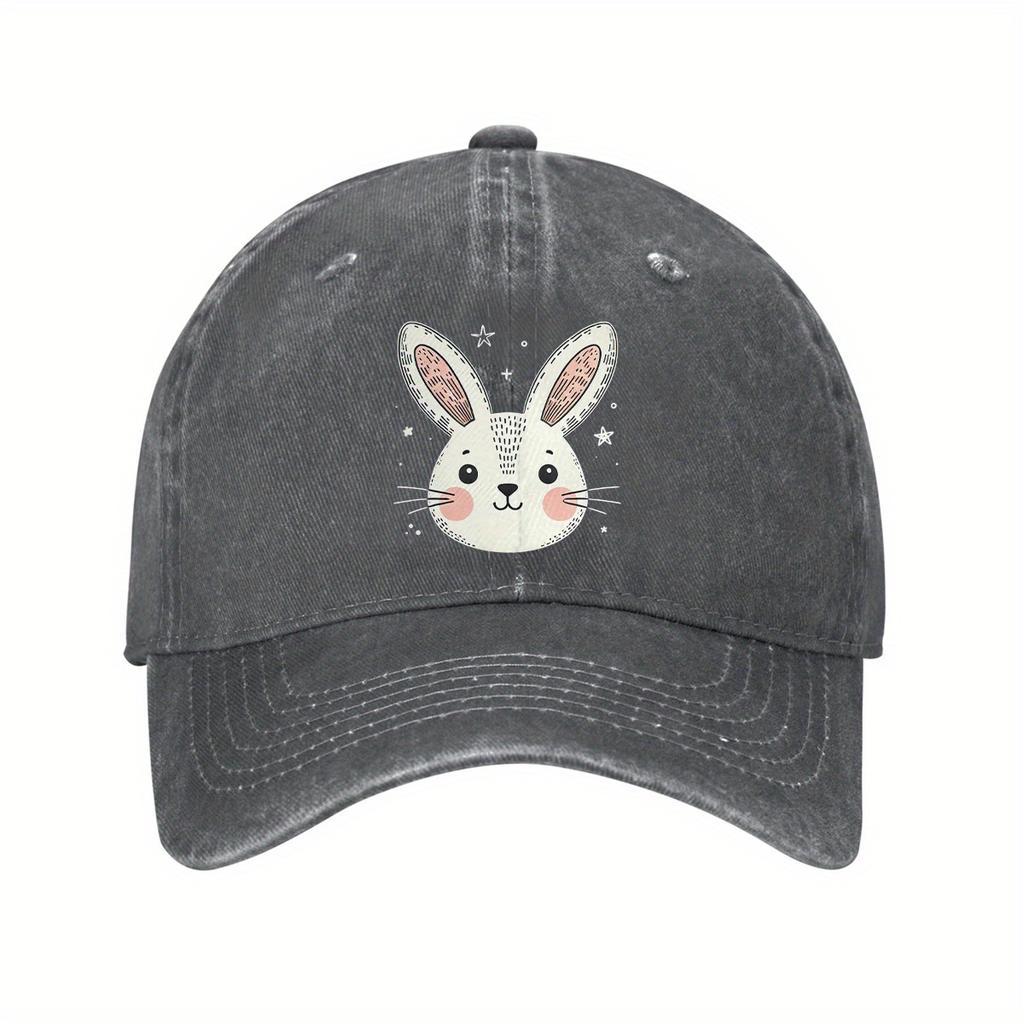 Cute Bunny Face Graphic Denim Baseball Cap Washed Casual Adjustable Cotton Dad Hat