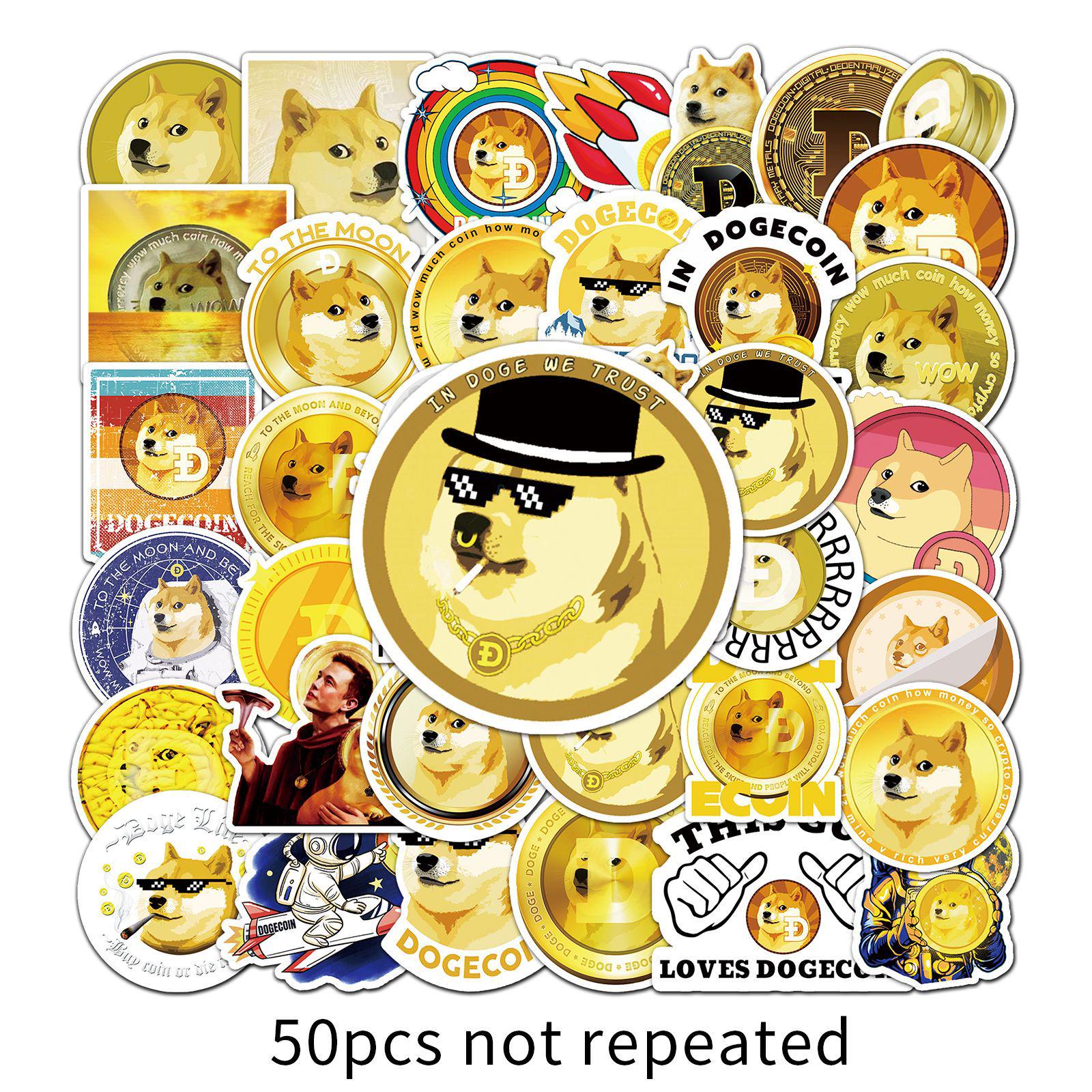 50pcs Dogecoin Cartoon Personality DIY Waterproof Stickers for Scooter, Car, Refrigerator Decoration