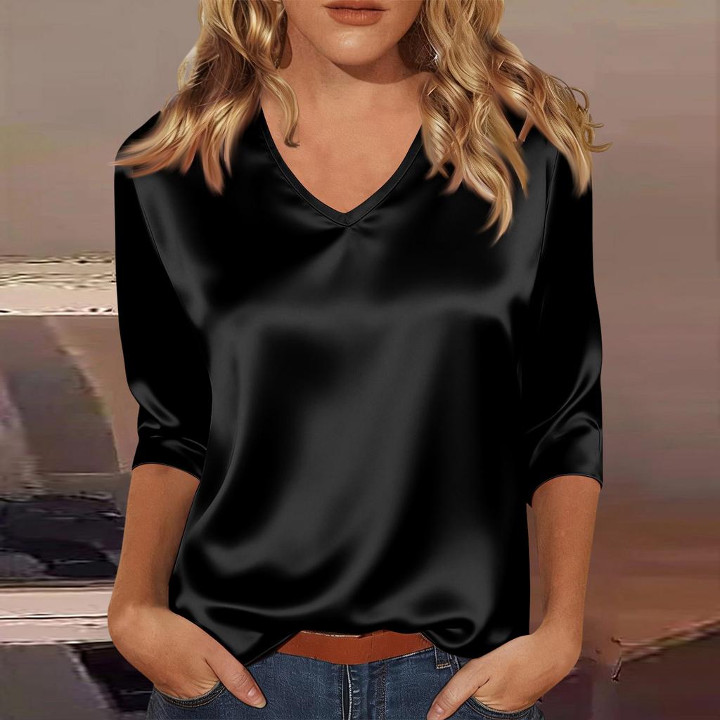 Women's V-neck Three-quarter Sleeve Satin Shirt Top, Lightweight For Spring And Summer